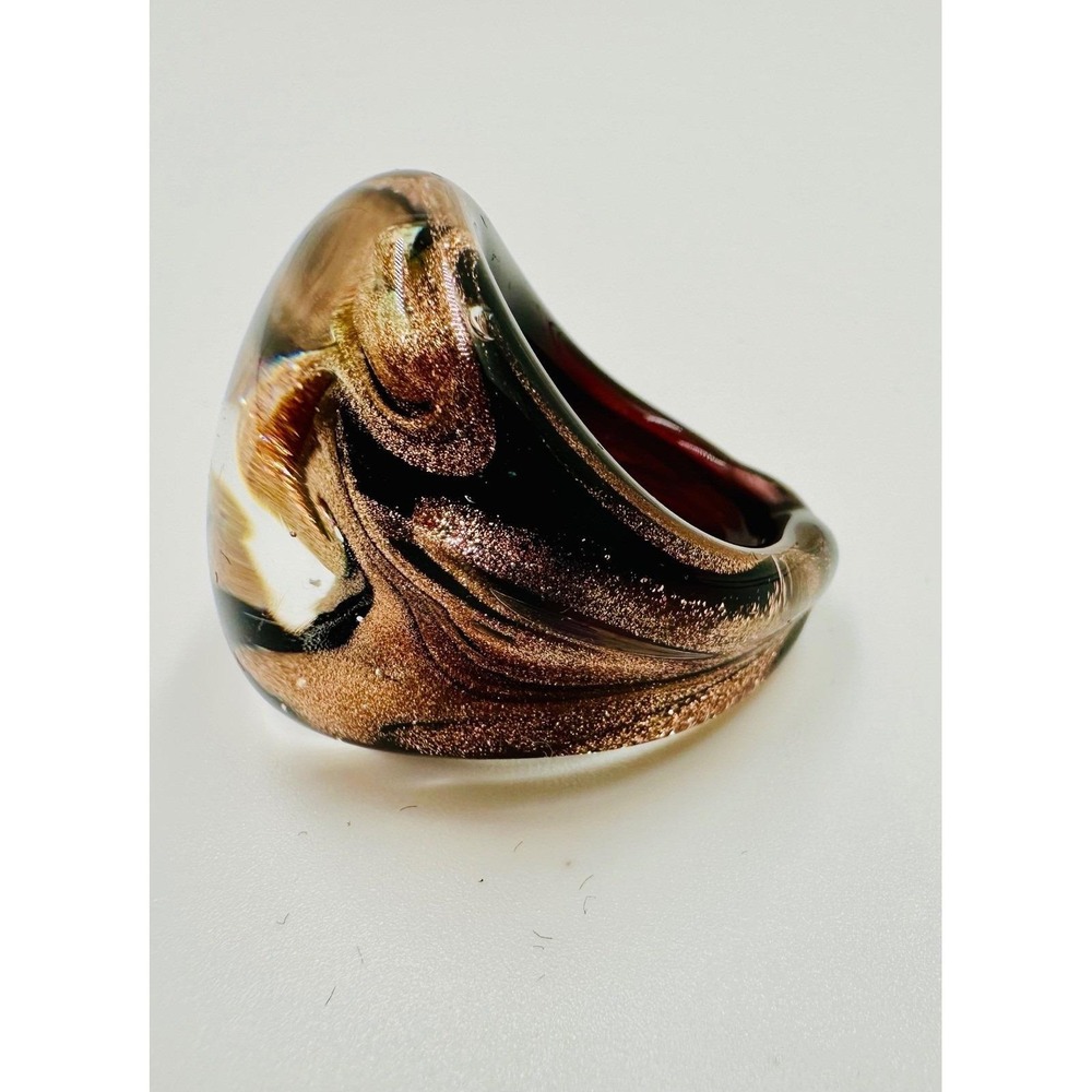 Venetian Murano Glass  Statement Ring Copper Aventurine Swirl Brown Tiger Size 7